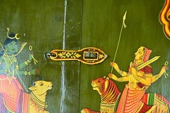 Antique Hand Painted Hindu Deities Durga & Shiva Old Rajasthani Wooden Window