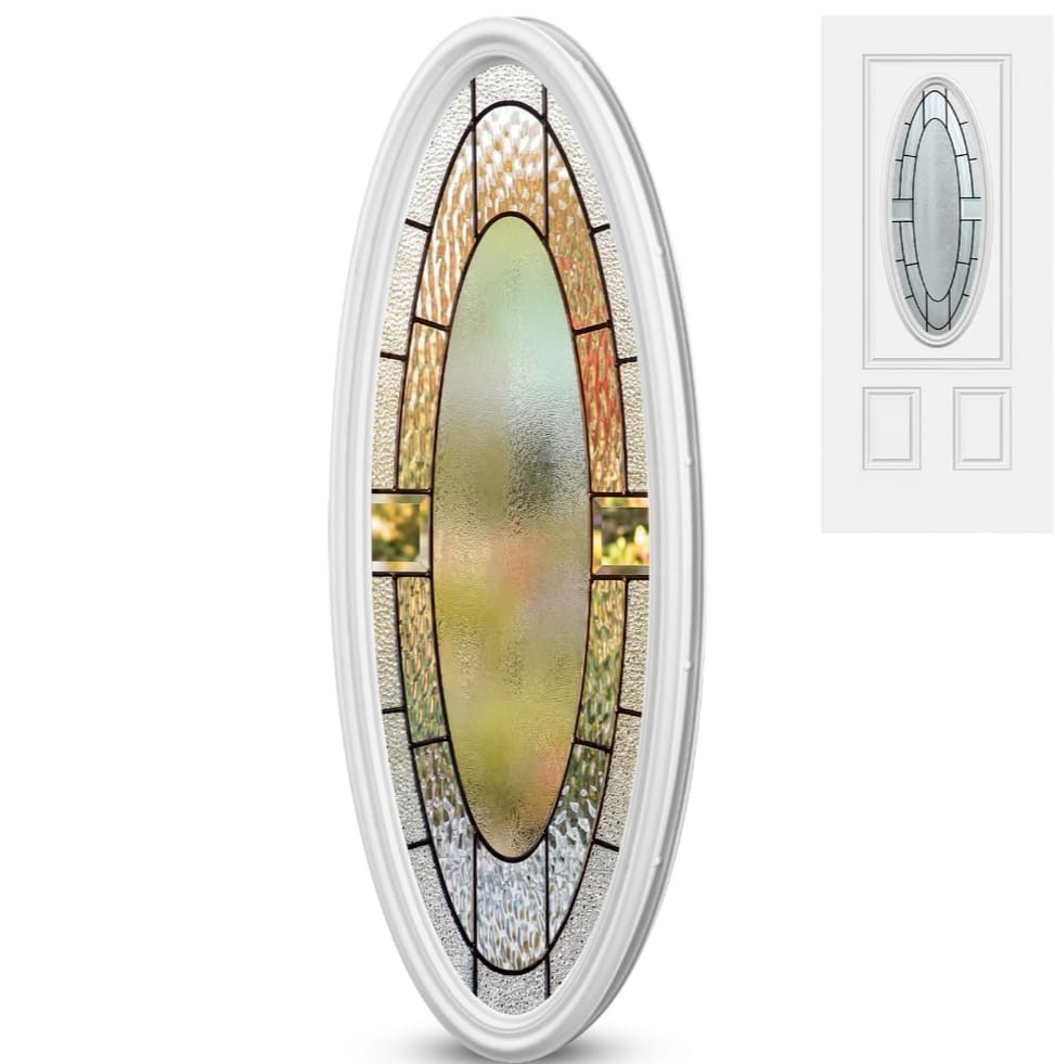 Oval Decorative Glass Fixed Entry Door Insert, White Plastic Frame, 16 X 39 in