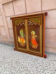 Radha Krishna Hand Painted Wooden Window Religious Hindu Deity Wall Decor Frame