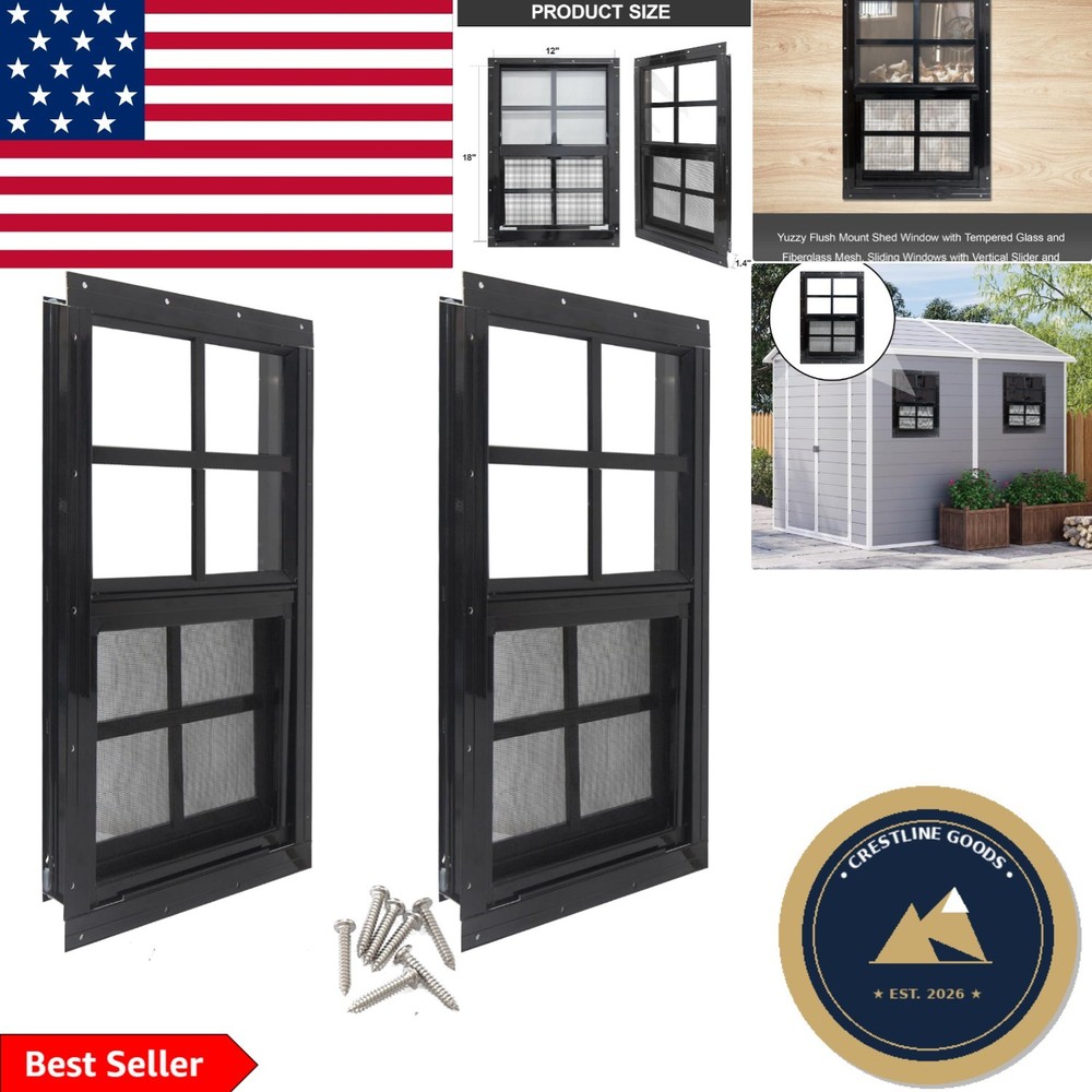Elegant 12″ x 18″ Tempered Glass Shed Windows – 2 Pack with Screens, Black