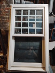 Double-Hung Wood Window Pair 55×32 White Exterior Woodgrain Interior, GBG