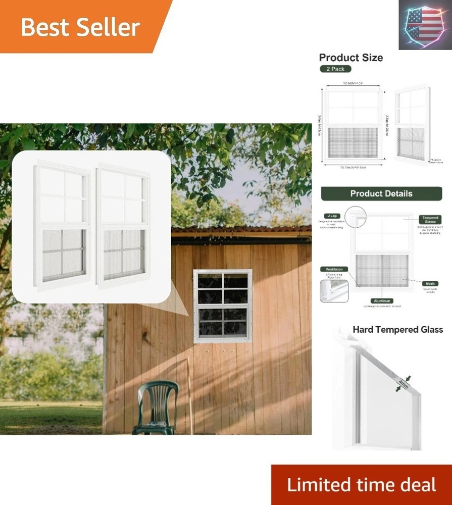 2 Pack Shed Windows 18″ x 23″ Flush Mount Window with Tempered Glass,House Sm…